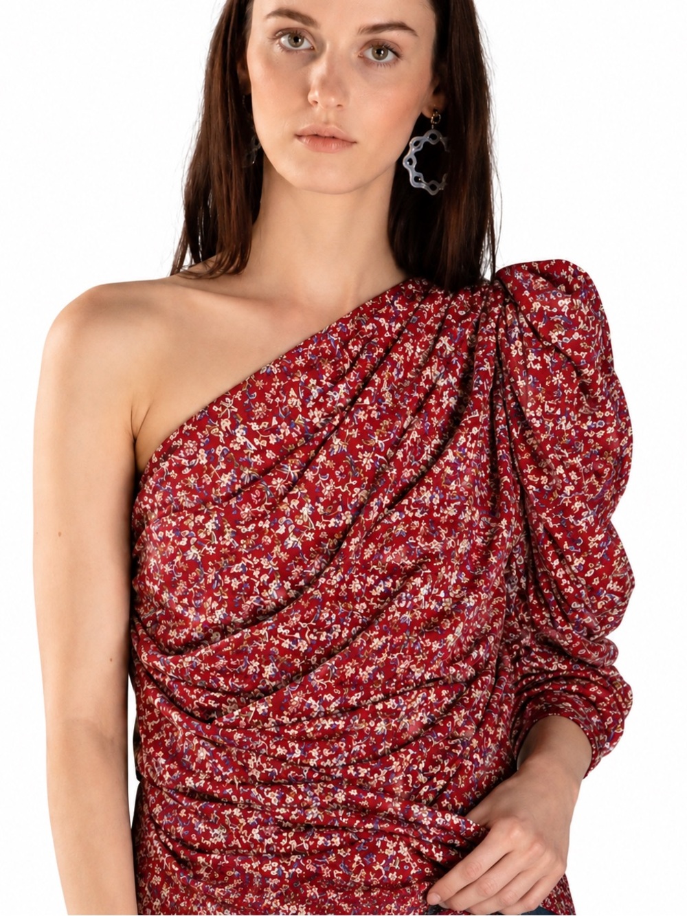 PLACE NATIONALE Red Floral One Shoulder Ruched Long Sleeve Shirt